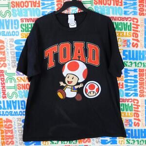 Nintendo Toad Spellout Graphic T Shirt Size XL Black Red Flawed Faded